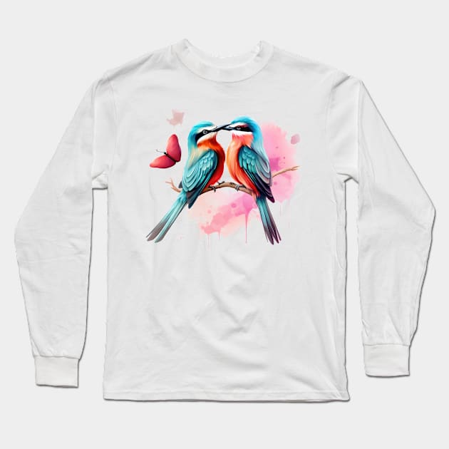 Valentine Kissing Bee Eater Bird Couple Long Sleeve T-Shirt by Chromatic Fusion Studio